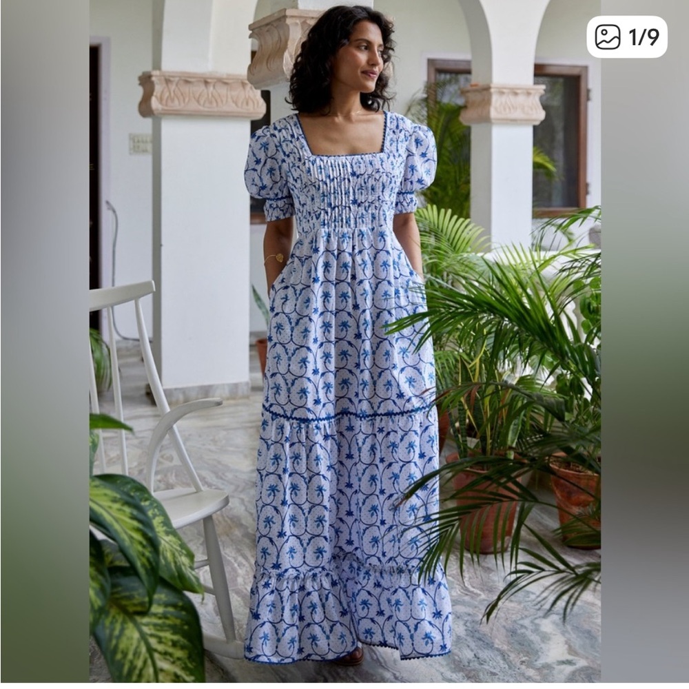 Pink City Prints‎ Evelyn Dress Large Blue White Floral Puff Sleeve Tiered Maxi